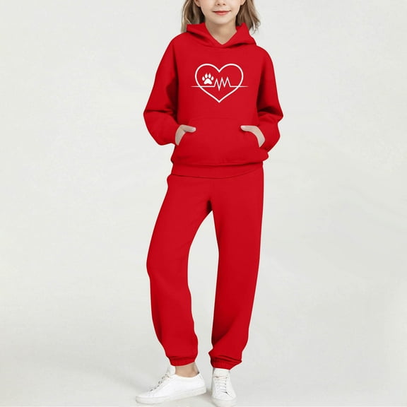 ATOGUTA Clothing Outfits for Girls Tracksuit Drop Shoulder Hoodie Sweatshirt and Sweatpants Joggers Set with Pockets Size 2T-14, Red
