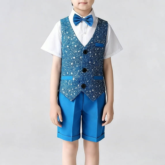 ATOGUTA Clothing Set For Boys Short Sleeve Shirt, Shorts, Bow Tie, Sequine Vest Wedding Birthday Formal Wear Size 4T-15, Blue