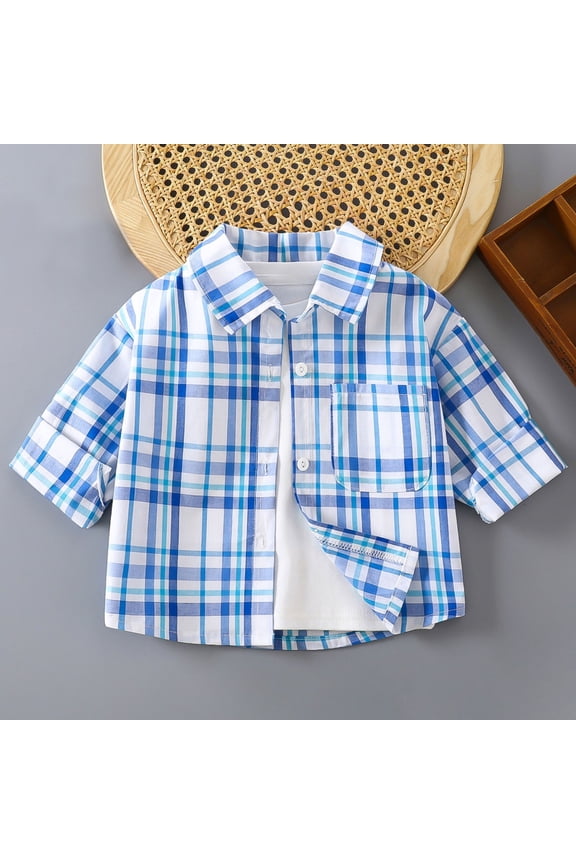 Collared Shirts for Boys Kids Casual Short Sleeve Western Pearl Snap Button Plaid Shirt Light Blue, 1-11 Years