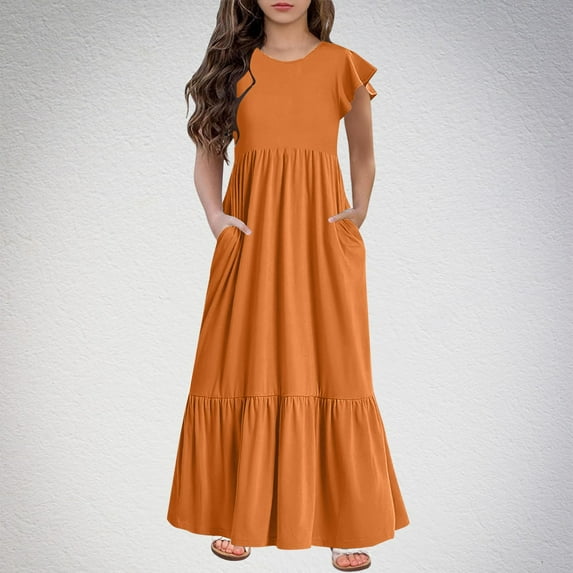 ATOGUTA Cute Dresses for Girls Ruffle Sleeve Ruched A-Line Long Wedding Party Orange, Size 6-12