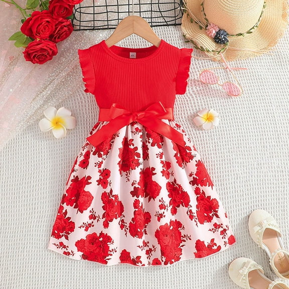 ATOGUTA Cute Dresses for Little Girl 4T-8 Sleeveless Dresses Casual Flared Dresses Summer Outfits Red