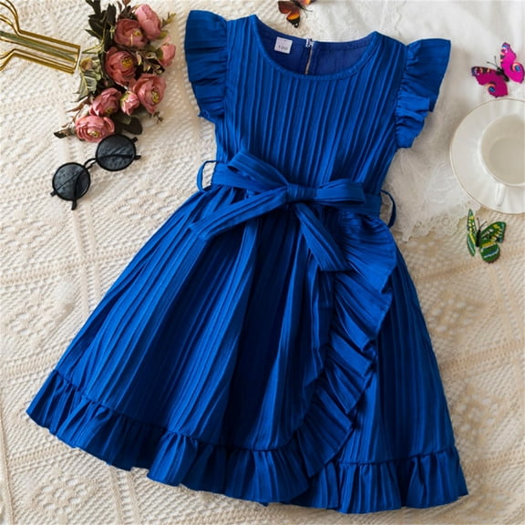 ATOGUTA Cute Dresses for Teen Girls Ruffle Sleeves Casual Clothes Cute Playwear Dresses Blue, Size 3T-8