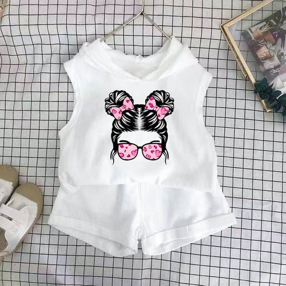 ATOGUTA Cute Outfits for Toddler Girls 2T-8 Summer Hooded Set Printed Sleeveless Top Elastic Waist Shorts Two-Piece Set