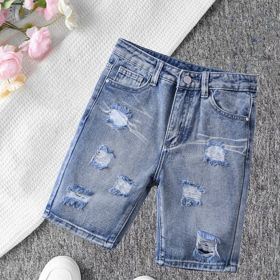 ATOGUTA Denim Shorts Girl Elastic Waist Pull On Summer Casual Jean Pants Light Blue, Size 4T-13