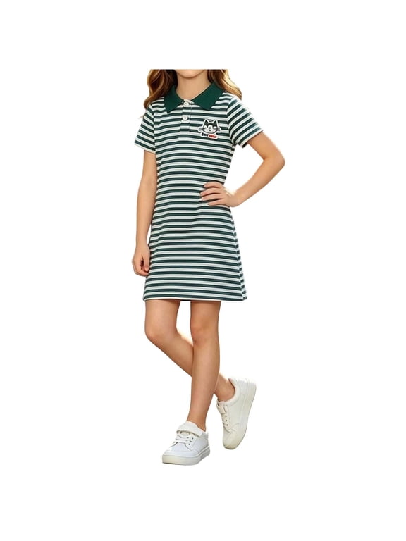Dress For Girls Summer Short Sleeve Ruffle A Line Cute Vacation Beach Mini Tshirt Dress Size 0-12, Green