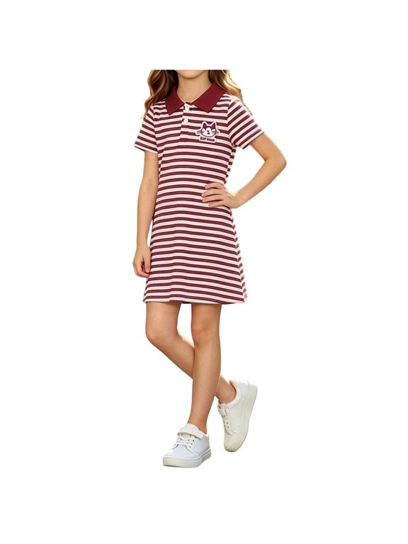 Dress For Girls Summer Short Sleeve Ruffle A Line Cute Vacation Beach Mini Tshirt Dress Size 0-12, Wine