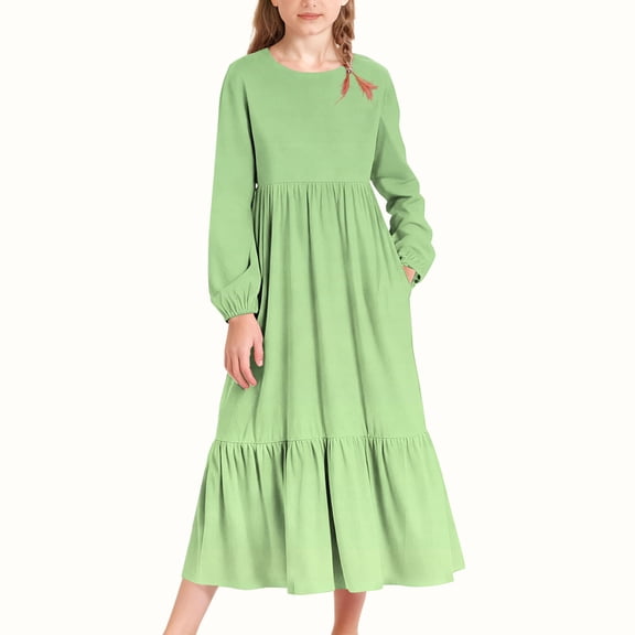 ATOGUTA Dress Girl Long Sleeve Crew Neck Gradient Casual Dresses Fall Flowy Dress with Pockets Party Holiday Outfits Size 4T-15, Green