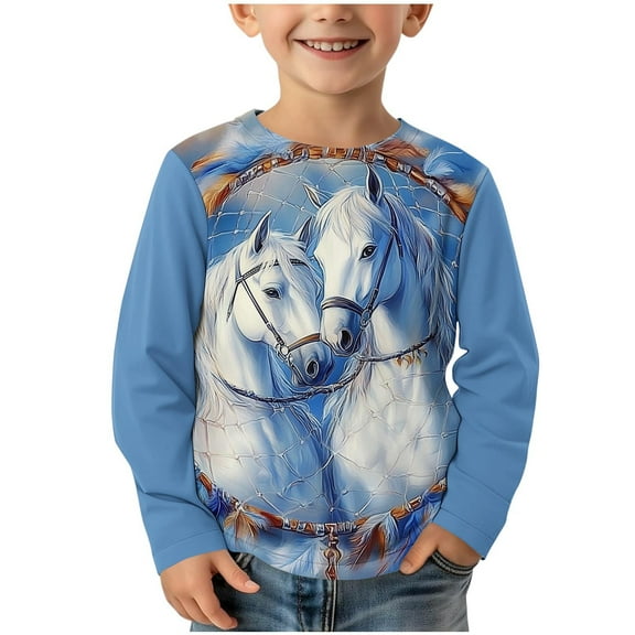 ATOGUTA Dress Shirt for Boys Long Sleeve Tee Tops Casual Graphic Clothes Crew Neck Shirts Light Blue, 3-14 Years