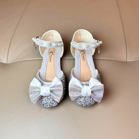 ATOGUTA Dress Shoes for Baby Girls Silver Rhinestone Princess Ballet Flats Slip-On Dress Shoes for School, Wedding, Party
