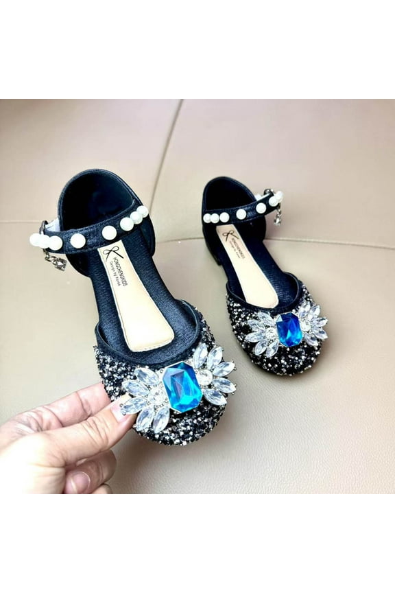 Dress Shoes for Girls Black Rhinestone Princess Ballet Flats Slip-On Dress Shoes for School, Wedding, Party