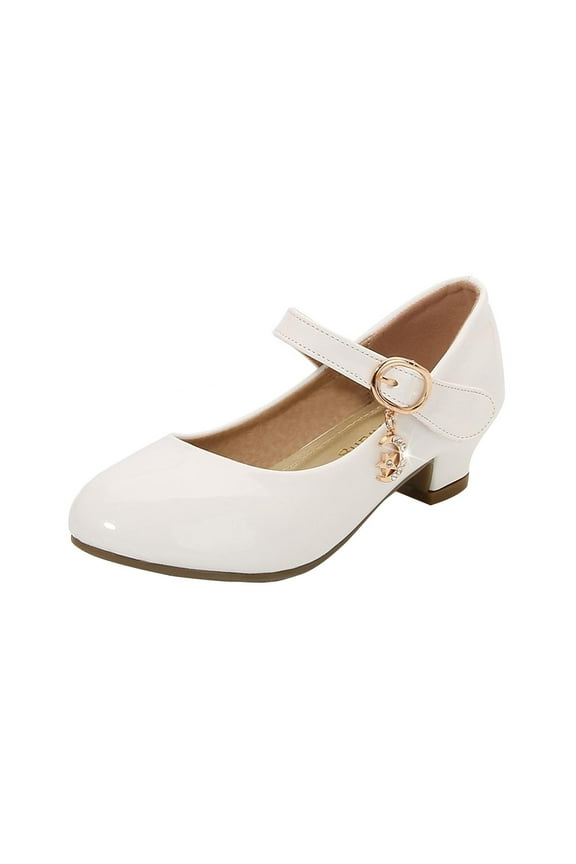 Dress Shoes for Girls White Faux Leather Shoes Princess Dress Mary Jane Shoes Kids Low Heels Wedding Dance Shoes with Buckle