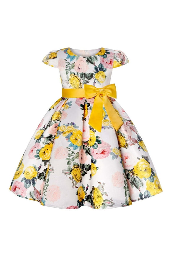 Dress for Girls Bridesmaid Wedding Princess Children's Bow Birthday Ball Party Show Evening Yellow, Size 2T-8