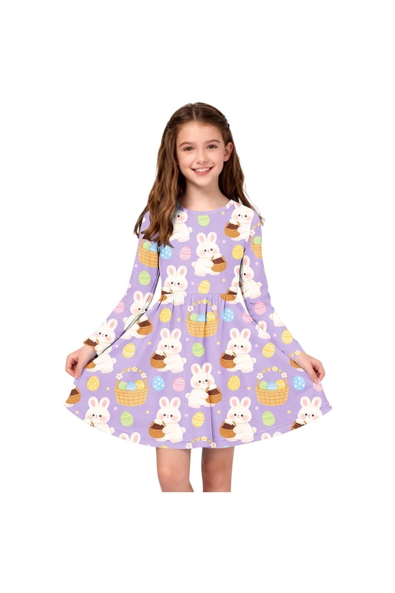 Dress for Girls Long Sleeve Easter Dresses Girl Long Midi Springs Dress Kids Smocked Flare Summer Dress Size 4T-14. Gray