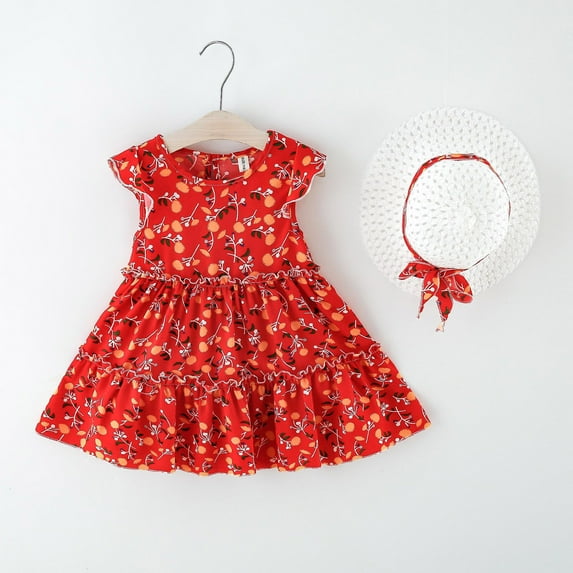 ATOGUTA Dress for Girls Sleeveless Floral Flower Girl Dress with Straw Cap Hat Red, Size 2T-6