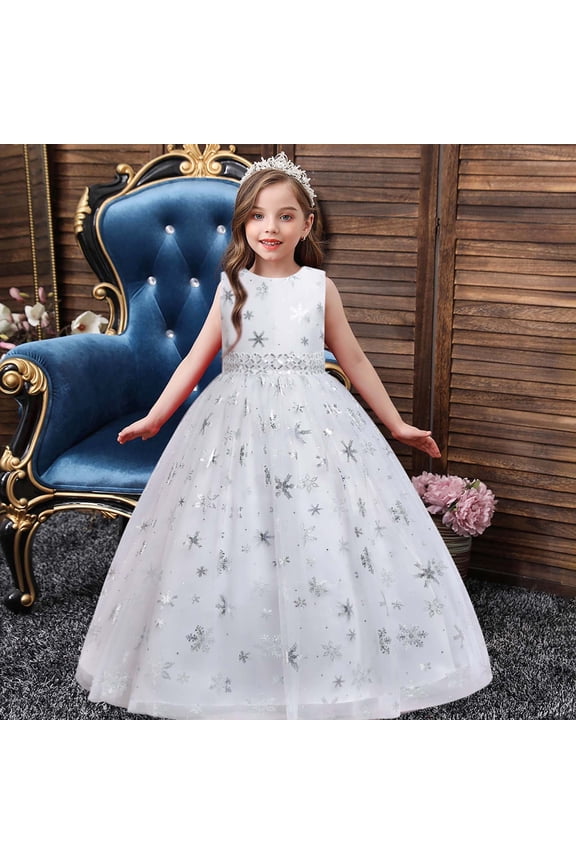 Dress for Girls Snowflake Pattern Mesh Princess Long Dress White, Sizes 5T-14