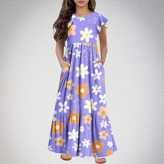 ATOGUTA Dress for Girls Summer Dress Casual Ruffle Sleeve A Line Casual Elegant Dresses Purple, Size 6-12