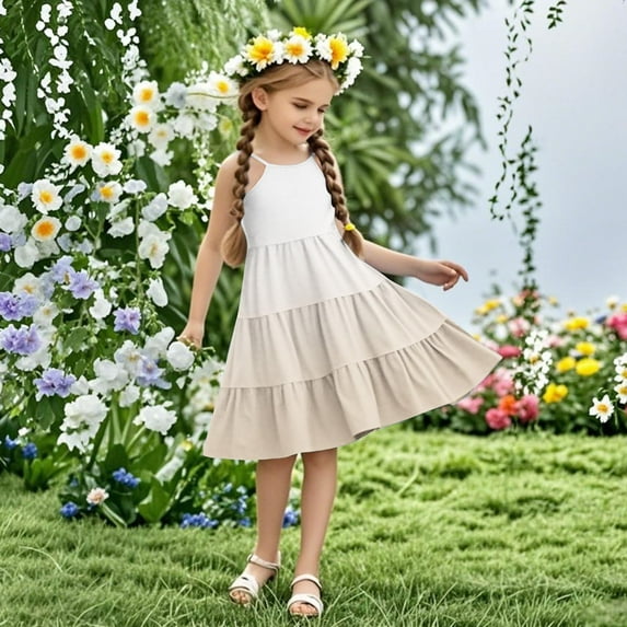 ATOGUTA Dress for Kids Sleeveless Summer Cami Dress Kids Casual Crewneck Loose Beach Dresses Size 4T-14, Beige
