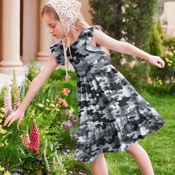 ATOGUTA Dresses Girls Summer Ruffle Sleeve A Line Casual Party Dresses for Kids Size 5T-14, Dark Gray