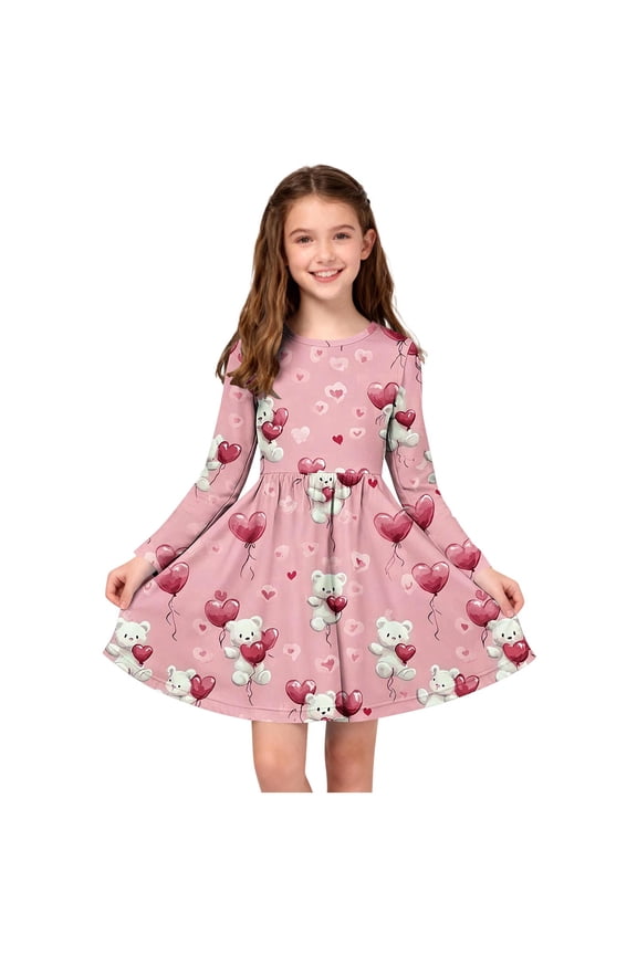 Dresses for Girls Kids Skater Twirl A Line Printed Long Sleeve Dress for School Casual Size 4T-14. Red