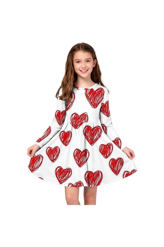 Dresses for Girls Kids Skater Twirl A Line Printed Long Sleeve Dress for School Casual Size 4T-14. Red