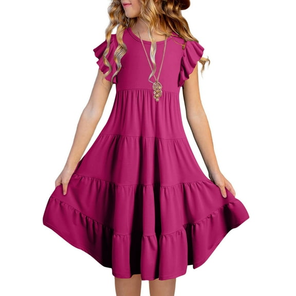 ATOGUTA Dresses for Girls Short Sleeve Ruffled Pockets Girls Semi formal Dress Wine, Size 6M-15