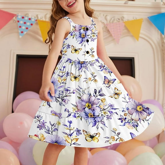 ATOGUTA Dresses for Little Girls Sleeveless Tiered Midi Casual Sundress with Pockets Multicolor, Size 2-12 Years