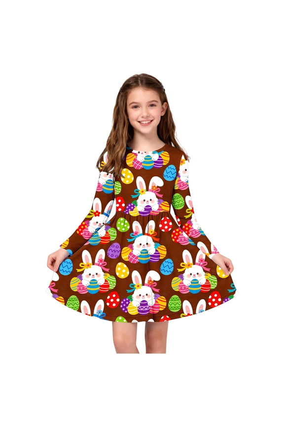 Easter Dresses for Girls Long Sleeve Easter Dresses Girl Long Midi Springs Dress Kids Smocked Flare Summer Dress Size 4T-14. Brown