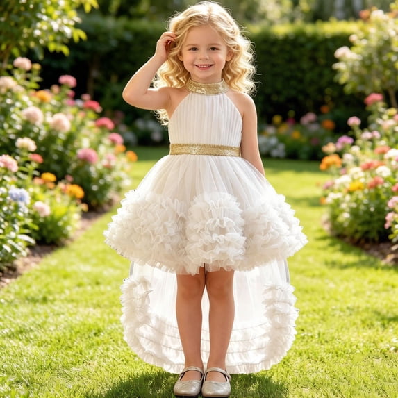 ATOGUTA Elegant Dresses for Girls White Sleeveless Tulle Formal Wedding Pageant Party Fancy Princess Ball Gown Dresses 6M-4T