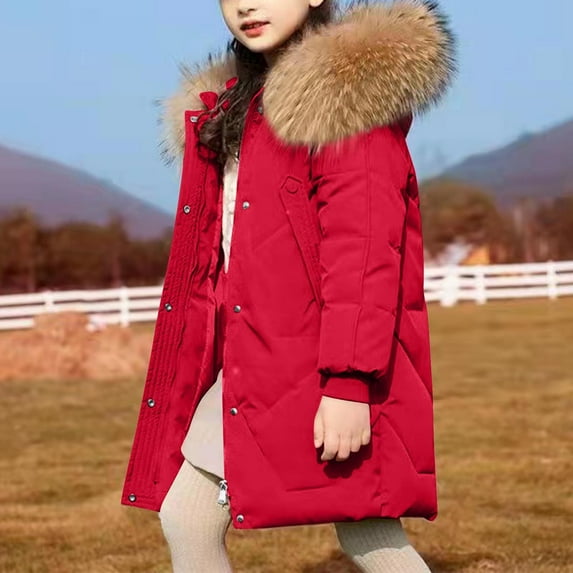 ATOGUTA Fall Jackets for Girls Long Parka Warm Hooded Puffer Ski Jacket Coat Red, Size 8-14