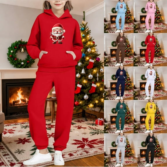 ATOGUTA Fall Outfit Girl Tracksuit Christmas Hoodie Sweatshirt and Sweatpants Joggers Set with Pockets Size 2T-14, Red