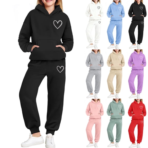 ATOGUTA Fall Outfits Girl Tracksuit Fleece Hoodie Sweatshirt and Sweatpants Joggers Set with Pockets Size 3T-15, Black