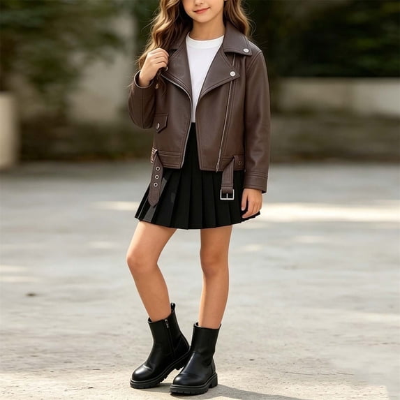 ATOGUTA Faux Leather Jacket Girls Kids Zip Up Fall Winter Motorcycle Biker Coats Outerwear