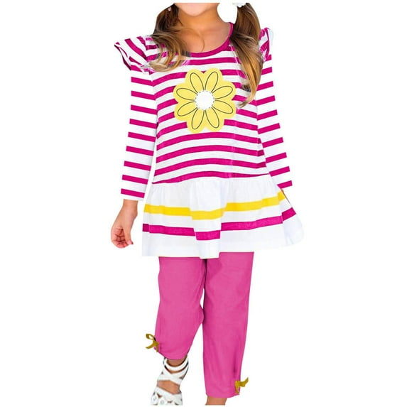 ATOGUTA First Day of Kindergarten Outfits for Girls Ruffled Sleeve Tops Pants Fall Winter Girl Outfits Hot Pink Size 2T-10