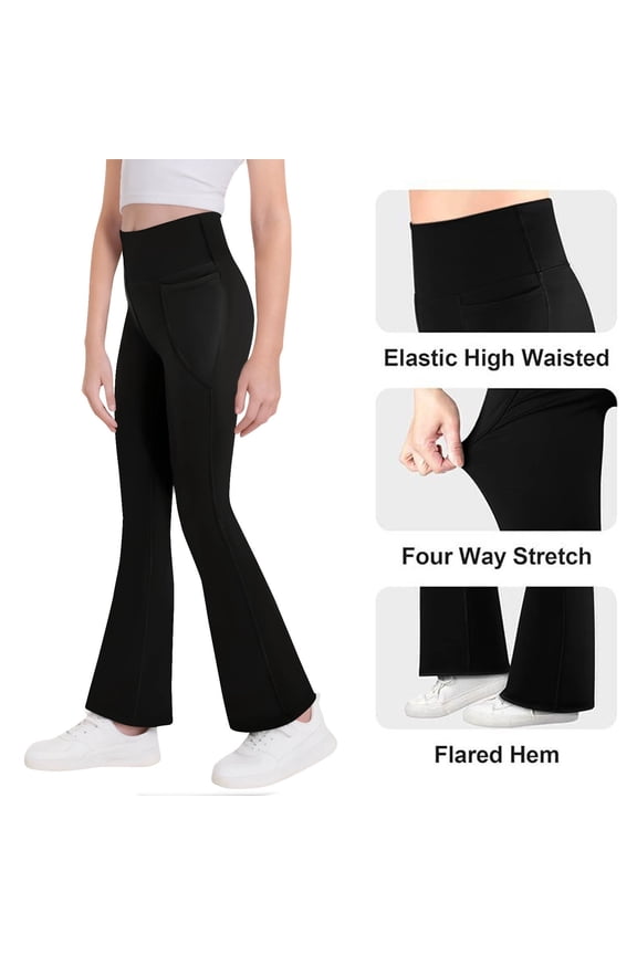 Flared Girls Leggings High Waisted Leggings Yoga Bootcut Pants Full Length Bell Bottoms Size 6-15, Black