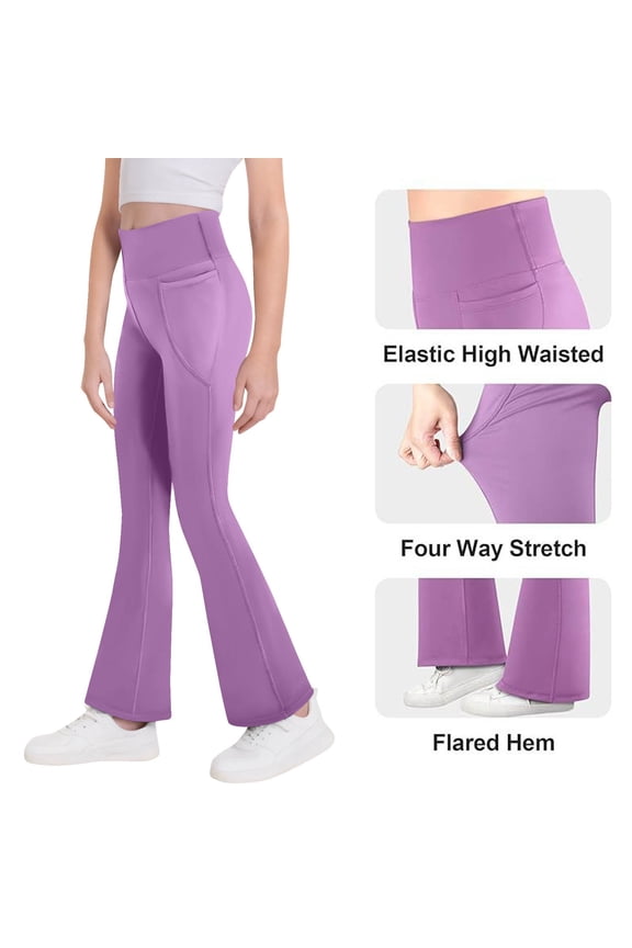 Flared Girls Leggings High Waisted Leggings Yoga Bootcut Pants Full Length Bell Bottoms Size 6-15, Purple