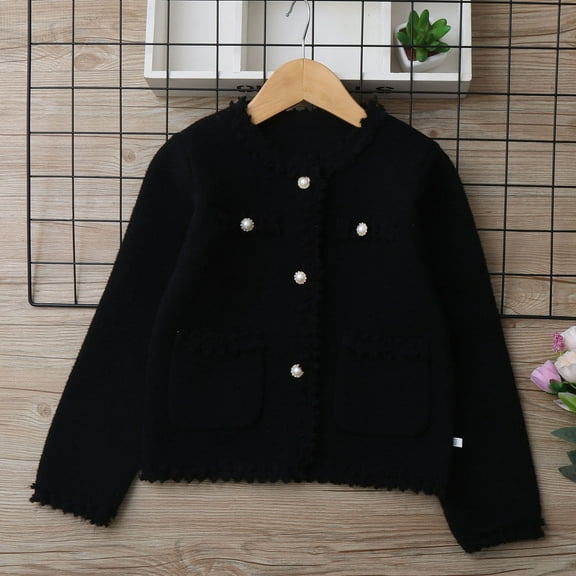 ATOGUTA Fleece Cardigan for Girls Kids Casual V Neck Button Down Uniform Sweaters Size 5T-13, Black