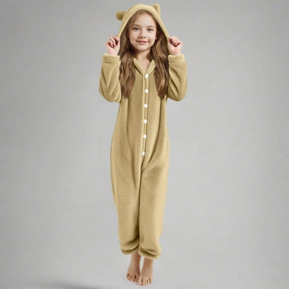 ATOGUTA Fleece Jumpsuit for Girls Fuzzy Hooded Rompers Kids Button up Onesie Romper Warm Winter Clothes Size 5T-15, Khaki
