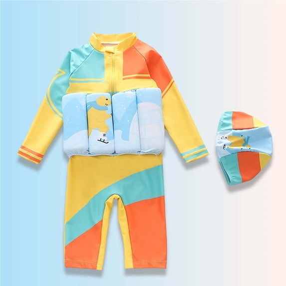 ATOGUTA Floatation Swimsuit Set Boys with Adjustable Buoyancy Kids Float Suit Floating Swimwear Bathing Suit with Cap Size 6M-4T, Multicolor