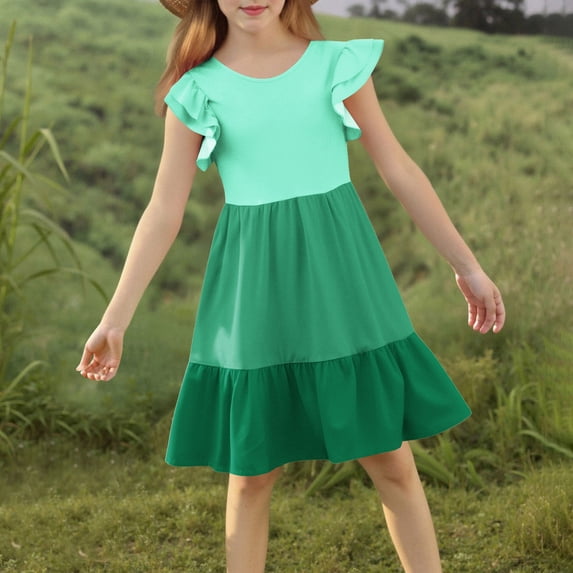 ATOGUTA Flower Girl Dress for Weddings Summer Ruffle Sleeve A Line Casual Party Dresses for Kids Size 5T-14, Green