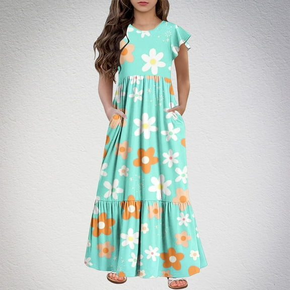 ATOGUTA Flower Girl Dresses for Wedding Summer Dress Casual Ruffle Sleeve A Line Casual Elegant Dresses Green, Size 6-12