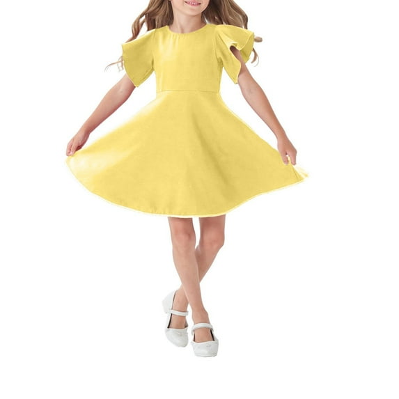 ATOGUTA Flower Girls Dresses for Wedding Toddler Girl Summer Clothes Short Sleeve School Outfits for Kids Yellow, Size 2T-12