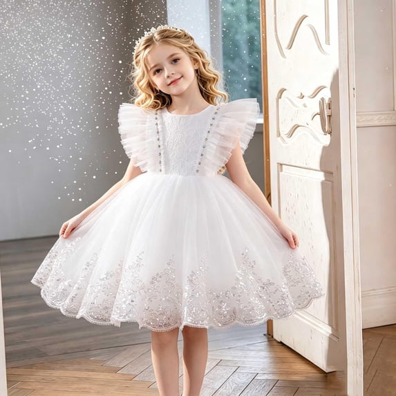 ATOGUTA Formal Dresses for Girls White Sleeveless Tulle Formal Wedding Pageant Party Fancy Princess Ball Gown Dresses 2T-12