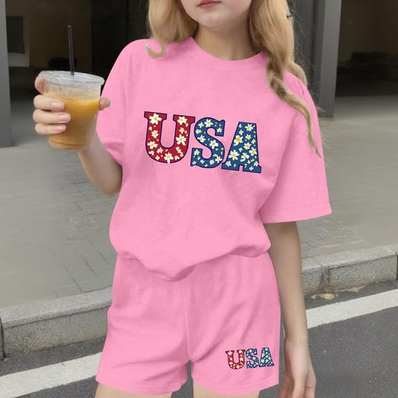 ATOGUTA Girl 2 Piece Outfit Set Kids 4th of July Short Sleeve T-Shirts Elastic Waist Shorts Casual Summer Clothing Sets Size 3T-15, Pink