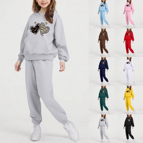 ATOGUTA Girl 2 Piece Set Tracksuit Drop Shoulder Hoodie Sweatshirt and Sweatpants Joggers Set with Pockets Size 2T-14, Gray