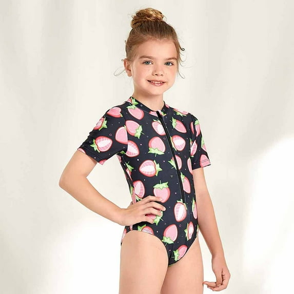 ATOGUTA Girl Bathing Suits Flower Print Short Sleeve Surfing One-piece Swimsuit Bathing Suit Swimming Suit Black, Sizes 8-14