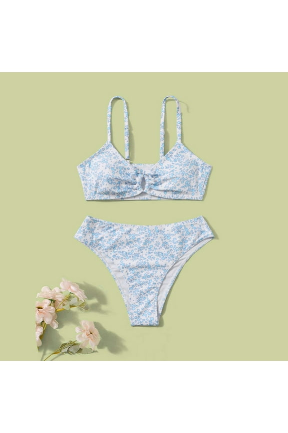 Girl Bathing Suits V Neck Cutout High Waist Bikini Set Blue, Sizes 8-14