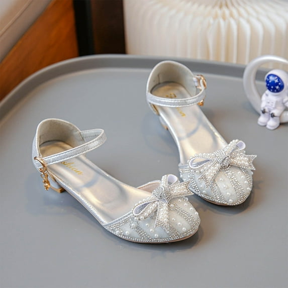 ATOGUTA Girl Dress Shoe Silver Kids Party Wedding Shoes with Bowknot Back to School Princess Shoe