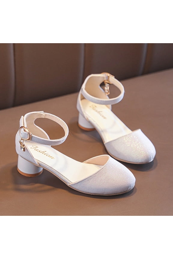Girl Dress Shoes Beige Closed Toe High Heels Ankle Strap Toddler Little Big Kid Wedding Flower Party Pump