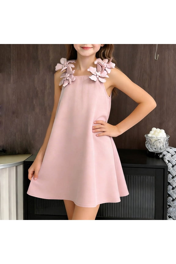 Girl Dress Summer Boho Sleeveless A-Line Casual Beach Sundress Size 1T-8. Pink