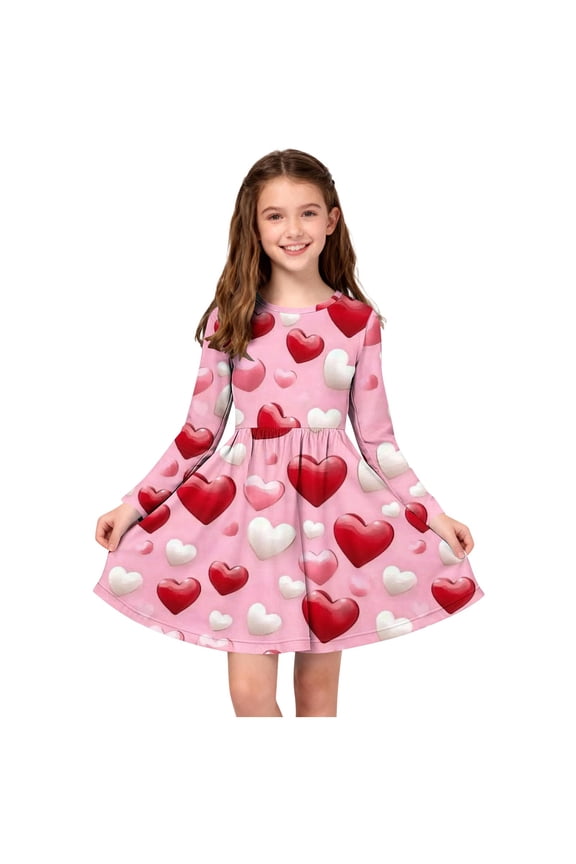 Girl Dresses Kids Skater Twirl A Line Printed Long Sleeve Dress for School Casual Size 4T-14. Red